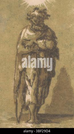 Italien, Parmigianino, Italien, Trient, Antonio da, Christus und die zwölf Apostel, heiliger Judas Taddeus, verso - gestempelt, der stehende Apostel Judas mit Armen geschlagen., Druck, Höhe 119 mm, Breite 71 mm, Italienisch, 1510 - 1550, Druckerei, 1520 - 1550, 16. Jahrhundert, Papier, clair-obscur-Holzschnitt, Werkkonzeption, 11. 01. 1503 - 24. 08. 1540 Stockfoto