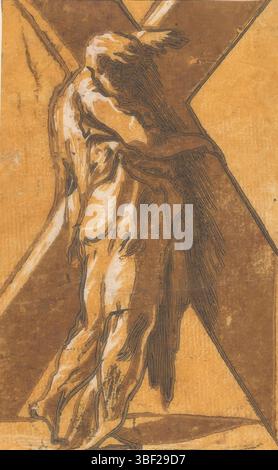 Italien, Parmigianino, Italien, Trient, Antonio da, Christus und die zwölf Apostel, St. Andreas, verso - gestempelt, der stehende Apostel Andreas mit Kreuz., Druck, Höhe 124 mm, Breite 77 mm, italienisch, 1510 - 1550, Druckerei, 1520 - 1550, 16. Jahrhundert, Papier, clair-obscur-Holzschnitt, Arbeitskonzept, 11. 01. 1503 - 24. 08. 1540 Stockfoto