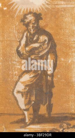 Italien, Parmigianino, Italien, Trient, Antonio da, Christus und die zwölf Apostel, St. Peter, verso - gestempelt, der stehende Apostel Peter mit Schlüssel., Druck, Höhe 121 mm, Breite 71 mm, Italienisch, 1510 - 1550, Druckerei, 1520 - 1550, 16. Jahrhundert, Papier, clair-obscur-Holzschnitt, Arbeitskonzept, 11. 01. 1503 - 24. 08. 1540 Stockfoto