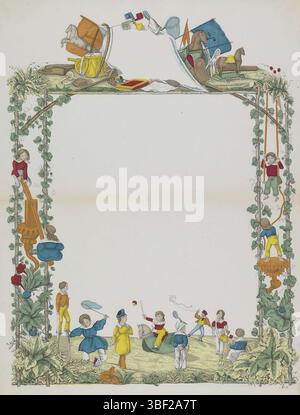 Niederlande, Niederlande, Wenletter met speelende kinderen, verso - gestempelt, Wenletter met onbeschrijf cartouche binnen een dekorativer Rahmen met voorgestellen van speelende kinderen en toyen. Nummeriert unten rechts: Nr. 5., Druck, Folk Print, Wunschbrief, Drucke, Volksdrucke, Höhe 427 mm, Breite 338 mm, Druckmaschine, 1780 - 1899, Papier, Lithografie (Technik), Farben, Publikation (Veranstaltung), Publikation, Herausgeber Stockfoto