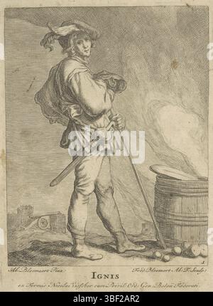 Amsterdam, Visscher, Nicolaes (I), Bloemaert, Abraham, Utrecht, Friedrich, die vier Elemente, Ignis, Feuer, Amsterdam, verso - gestempelt, steht Ein Soldat mit Säbel in einer Landschaft neben einem Fass Pulver mit Rauch. Neben dem Fass befinden sich Waffen. Im Hintergrund brennt ein Feuer, Druck, Höhe 132 mm, Breite 98 mm, 1614 - 1669, Druckerei, 1632 - 1670, zweites Viertel 17. Jahrhundert, drittes Viertel 17. Jahrhundert, Papier, Gravur, Gravur (Druckverfahren), Nordholland, 25.12.1566, 27.01.1651, nach, nach Malerei, Veröffentlichung (Veranstaltung), Veröffentlichung, 25. 01. 1618 - 1679, Herausgeber Stockfoto
