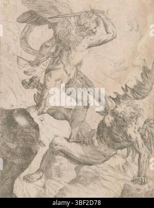 Italien, Possenti, Giovanni Pietro, Erzengel Michael im Kampf mit dem Teufel, Italien, verso - gestempelt, gedruckt, Höhe 203 mm, Breite 161 mm, Italienisch, 1618 - 1659, Printmaker, 1628 - 1659, Papier, Ätzen, Ätzen Stockfoto