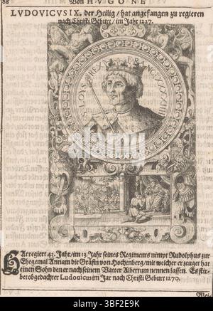 Nürnberg, Bussemacher, Johann, Amman, Jost, Porträt von Ludwig IX. dem Heiligen, König von Frankreich, rückseitig - handgeschrieben in brauner Tinte, Druck, Buchabbildung, Drucke, rückseitig - gestempelt, 158, Höhe 119 mm, Breite 80 mm, Schweiz, 1539 - 1591-03-15, Druckmaschine, 1598 - 1598, Papier, Ätzen, Tellerton, Publikation (Veranstaltung), Publikation, Deutsch - 1627, Verlag Stockfoto