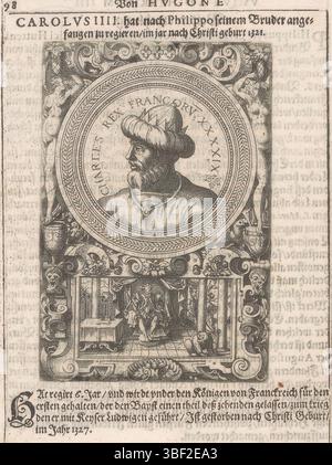Nürnberg, Bussemacher, Johann, Amman, Jost, Porträt von Karl IV., König von Frankreich und Navarra, rückseitig - handgeschrieben in brauner Tinte, Druck, Buchabbildung, Drucke, rückseitig - gestempelt, 158, Höhe 120 mm, Breite 80 mm, Schweiz, 1539 - 1591-03-15, Drucker, 1598 - 1598, Papier, Ätzen, Bogenton, Publikation (Veranstaltung), Publikation, Deutsch - 1627, Verlag Stockfoto