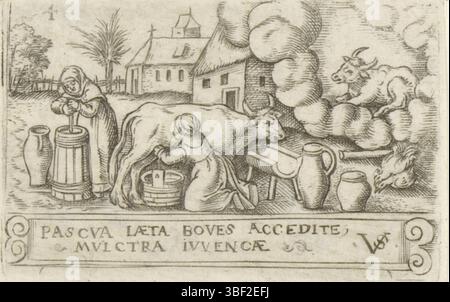 Nürnberg, Solis, Virgilius, die zwölf Monate mit Tierkreiszeichen, April, verso - handgeschrieben in brauner Tinte, nummeriert oben links: 4., Druck, rückseitig - gestempelt, 57, Höhe 41 mm, Breite 62 mm, Deutsch, 1514 - 1562-08-01, Drucker, 1524 - 1562, Papier, Gravieren, Gravieren (Druckverfahren), Ätzen, Tellerton Stockfoto