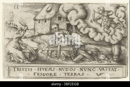 Nürnberg, Solis, Virgilius, die zwölf Monate mit Tierkreiszeichen, November, verso - handgeschrieben in brauner Tinte, nummeriert oben links: 11., Druck, rückseitig - gestempelt, 57, Höhe 38 mm, Breite 63 mm, Deutsch, 1514 - 1562-08-01, Druckmaschine, 1524 - 1562, Papier, Gravieren, Gravieren (Druckverfahren), Ätzen, Tellerton Stockfoto