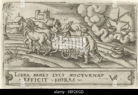 Nürnberg, Solis, Virgil, die zwölf Monate mit Tierkreiszeichen, September, verso - handgeschrieben in brauner Tinte, nummeriert Mitte oben: 9., Druck, rückseitig - gestempelt, 57, Höhe 40 mm, Breite 62 mm, Deutsch, 1514 - 1562-08-01, Drucker, 1524 - 1562, Papier, Gravieren, Gravieren (Druckverfahren), Ätzen, Tellerton Stockfoto