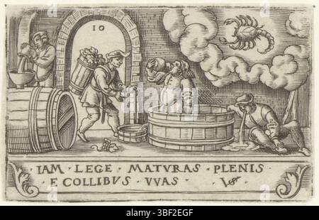 Nürnberg, Solis, Virgil, die zwölf Monate mit Tierkreiszeichen, Oktober, rückwärts - handgeschrieben in brauner Tinte, nummeriert oben links: 10., Druck, rückwärts - gestempelt, 57, Höhe 40 mm, Breite 63 mm, Deutsch, 1514 - 1562-08-01, Drucker, 1524 - 1562, Papier, Gravieren, Gravieren (Druckverfahren), Ätzen, Tellerton Stockfoto