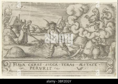 Nürnberg, Solis, Virgilius, die zwölf Monate mit Tierkreiszeichen, Juli, rückwärts - handgeschrieben in brauner Tinte, nummeriert oben links: 7., Druck, rückwärts - gestempelt, 57, Höhe 40 mm, Breite 62 mm, Deutsch, 1514 - 1562-08-01, Drucker, 1524 - 1562, Papier, Gravieren, Gravieren (Druckverfahren), Ätzen, Tellerton Stockfoto