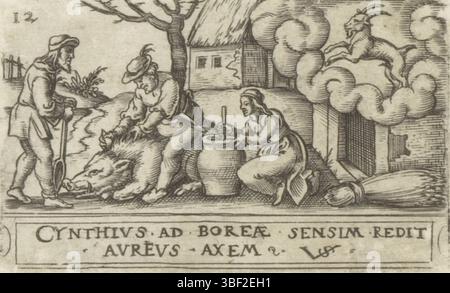 Nürnberg, Solis, Virgil, die zwölf Monate mit Tierkreiszeichen, Dezember, rückwärts - handgeschrieben in brauner Tinte, nummeriert oben links: 12., Druck, rückwärts - gestempelt, 57, Höhe 40 mm, Breite 63 mm, Deutsch, 1514 - 1562-08-01, Drucker, 1524 - 1562, Papier, Gravieren, Gravieren (Druckverfahren), Ätzen, Tellerton Stockfoto