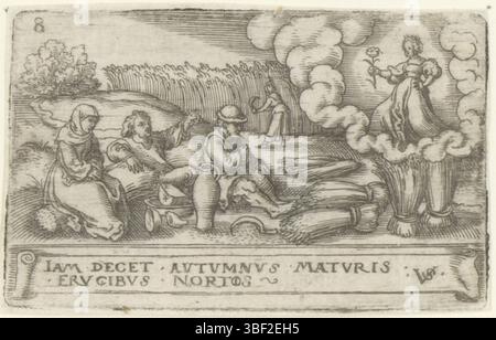 Nürnberg, Solis, Virgilius, die zwölf Monate mit Tierkreiszeichen, Augustus, verso - handgeschrieben in brauner Tinte, nummeriert oben links: 1., Druck, rückseitig - gestempelt, 57, Höhe 39 mm, Breite 63 mm, Deutsch, 1514 - 1562-08-01, Drucker, 1524 - 1562, Papier, Gravur, Gravur (Druckprozess), Ätzen, Bogenton Stockfoto