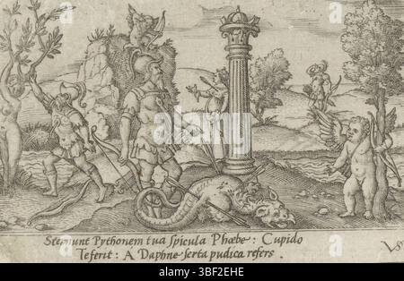 Nürnberg, Solis, Vergil, mythologische Szenen, Apollo tötet den Drachen Python und die Metamorphose von Daphne, verso - handgeschrieben in brauner Tinte, Druck, verso - gestempelt, 67, Höhe 61 mm, Breite 92 mm, Deutsch, 1514 - 1562-08-01, Druckmaschine, 1524 - 1562, Papier, Gravieren, Gravieren (Druckverfahren), Ätzen, Tellerton Stockfoto