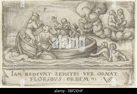Nürnberg, Solis, Virgil, die zwölf Monate mit Tierkreiszeichen, Mai, verso - handgeschrieben in brauner Tinte, nummeriert oben: 5., Druck, rückseitig - gestempelt, 57, Höhe 41 mm, Breite 62 mm, Deutsch, 1514 - 1562-08-01, Druckmaschine, 1524 - 1562, Papier, Gravieren, Gravieren (Druckverfahren), Ätzen, Tellerton Stockfoto