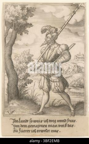 Nürnberg, Solis, Virgil, Militärfiguren in Landschaften stehend, Eremitage, verso - handgeschrieben in brauner Tinte, Druck, verso - gestempelt, 146, Höhe 130 mm, Breite 85 mm, Höhe 19 mm, Breite 84 mm, Deutsch, 1514 - 1562-08-01, Druckerei, 1524 - 1562, Papier, Gravur, Gravur (Druckverfahren), Ätzen, Ätzen Stockfoto