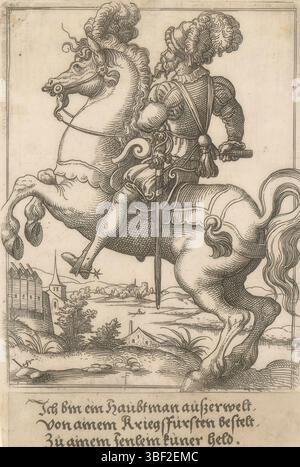 Nürnberg, Solis, Virgil, Militärfiguren in Landschaften stehend, Pferdekapitän, rückwärts - handgeschrieben in brauner Tinte, Druck, rückwärts - gestempelt, 146, Höhe 113 mm, Breite 86 mm, Höhe 19 mm, Breite 83 mm, Deutsch, 1514 - 1562-08-01, Druckerei, 1524 - 1562, Papier, Gravur, Gravur (Druckverfahren), Ätzen, Tellertönung Stockfoto