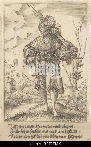 Nürnberg, Solis, Virgil, Militärfiguren in Landschaften stehend, Landknecht mit Schwertern, rückwärts - handgeschrieben in brauner Tinte, Druck, rückwärts - gestempelt, 146, Höhe 113 mm, Breite 81 mm, Höhe 18 mm, Breite 85 mm, Deutsch, 1514 - 1562-08-01, Druckerei, 1524 - 1562, Papier, Gravur, Gravur (Druckverfahren), Ätzen, Tellertönung Stockfoto