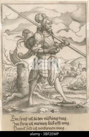 Nürnberg, Solis, Virgil, Militärfiguren in Landschaften stehend, Gipfelträger, rückwärts - handgeschrieben in brauner Tinte, Druck, rückwärts - gestempelt, 146, Höhe 112 mm, Breite 86 mm, Höhe 19 mm, Deutsch, 1514 - 1562-08-01, Printmaker, 1524 - 1562, Papier, Gravur, Gravur (Druckverfahren), Ätzen, Ätzen Stockfoto