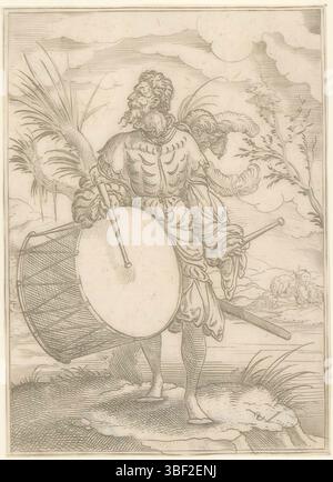 Nürnberg, Solis, Virgil, Militärfiguren in Landschaften stehend, Schlagzeuger, Verso - handgeschrieben in brauner Tinte, Druck, verso - gestempelt, 146, Höhe 112 mm, Breite 81 mm, Deutsch, 1514 - 1562-08-01, Drucker, 1524 - 1562, Papier, Gravieren, Gravieren (Druckverfahren), Ätzen, Ätzen Stockfoto