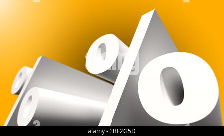 Prozentzeichen 3D-Buchstaben im perspektivischen gelben orangefarbenen Hintergrund abstrakte 3D-Illustration fettgedruckter Prozentzeichen (%) auf einem leuchtend orangefarbenen Hintergrund Stockfoto