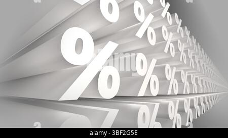 3D-Symbol endlose Prozentsymbole Finanzwachstum und Discount abstraktes 3D-Rendering von sich wiederholenden weißen Prozentzeichen (%), die sich bis in die Entfernung erstrecken Stockfoto