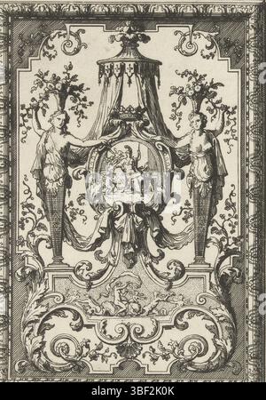 Amsterdam, Marot, Daniel (I), Niederlande, Second Laure d'Ornements, zwei vertikale Tafeln, Amsterdam, hinterließen eine Kartusche mit Minerva unter einem Baldacijn, flankiert von zwei hermes; rechts eine Kartusche mit einer Opferszene. Ab Serie von 6 Blatt, Druck, Ornamentdrucke, Drucke, Höhe 186 mm, Breite 274 mm, 1663 - 1752-06-04, Druckerei, 1712 - 1712, 1. Quartal 18. Jahrhundert, Papier, Ätzen, Werkkonzept, nach eigener Gestaltung, Publikation (Event), Publikation, Verlag Stockfoto