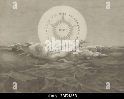 Alkmaar, Schabaelje, Jan Philipsz, Amsterdam, Visscher, Claes Jansz. II), Fox, Maerten de, Sadeler, Johann (I), den Grooten Figuer-Bibel, Schöpfung der Welt, erster Tag der Schöpfung: Trennung von Licht und Finsternis, Gott schwimmt in Form eines Tetragramms auf einer Wolke: über ihm ist Licht, unter ihm ist Finsternis. Am ersten Tag der Schöpfung schuf Gott Licht und Finsternis. Unter der Darstellung ist ein lateinischer Verweis auf den Bibeltext in 1:3. Dieser Ausdruck ist Teil eines Albums., Druck, Albumsheet, Ausdrucke, Höhe 197 mm, Breite 250 mm, Drucker, 1639 - 1639, Papier, Gravur, Gravur (prin Stockfoto
