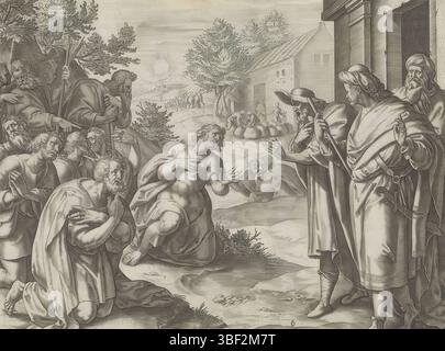 Alkmaar, Schabaelje, Jan Philipsz, Amsterdam, Visscher, Claes Jansz. II), Coxie, Michiel (I), den Grooten Figuer-Bibel, Geschichte Joseph, die Geschichte von Ioseph, Josephs Brüder kniend vor Joseph, unten rechts - handgeschrieben in brauner Tinte, sind zehn von Josephs Brüdern nach Ägypten gekommen, um Getreide zu kaufen. Joseph, der mit einem Zepter in der Hand steht, wirft ihnen Spionage vor. Die Brüder versuchen Joseph zu erklären, wer sie nicht als ihren Bruder anerkennen, wer sie sind. Joseph ließ sie gehen, verlangt aber, dass sie mit ihrem jüngsten Bruder Benjamin zurückkehren. Im Hintergrund stehen eine Reihe von Brüdern Stockfoto