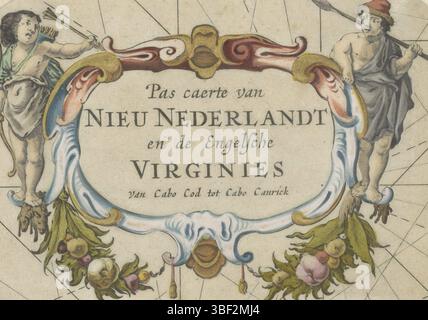 Amsterdam, Goos, Pieter, Pas caerte van Nieu Nederlandt en de Engelsche Virginies, Jagers en cartouche, Amsterdam, verso - geprägt, auf beiden Seiten einer Rocaille Kartusche mit Titel ist ein Jäger mit Pfeil und Bogen und mit Speer. Unten zwei Girlanden. Detail einer Karte der Ostküste Nordamerikas von Kap Hatteras bis Kap Cod., Druck, Höhe 100 mm, Breite 145 mm, Druckerei, 1666 - 1666, Papier, Gravur, Gravur (Druckverfahren), Handfarben, 1616 - 1675, Kartogramm, Publikation (Event), Publikation, Verlag Stockfoto