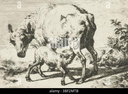 Velde, Adriaen van de, Frankreich, Meryon, Charles, La Brebis et les deux agneaux, Schaf oder Schaf mit zwei Lämmern, Verso-Glieder - gestempelt, bedruckt, verso Mitte - gestempelt, Höhe 78 mm, Breite 105 mm, Französisch, 1821-11-23 - 1868-02-14, Druckerei, 1850 - 1850, drittes Viertel 19. Jahrhundert, Papier, Ätzen, Werkkonzeption, Noord-Nederlands, 30. 11. 1636.-21. 01. 1672 Stockfoto