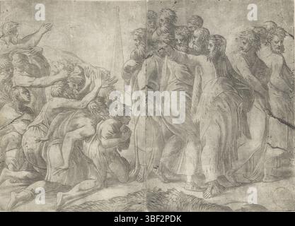 Italien, Schiavone, Christus heilt Aussätzige, Italien, verso - gestempelt, Christus mit den Aposteln und einer Gruppe von Aussätzigen. Im Hintergrund ein Obelisken, Druck, Höhe 276 mm, Breite 391 mm, Italienisch, 1500 - 1563-12-01, Printmaker, 1532 - 1563, Papier, Ätzen, Ätzen Stockfoto