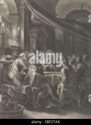 Isabella Clara Eugenia, Säugling Spaniens, Antwerpen, Bolswert, Boëtius Adamsz. Rubens, Peter Paul, das Letzte Abendmahl, Christus und die Apostel sitzen während des Letzten Abendmahls um den Tisch. Christus segnet Brot und Wein. Im unteren Rand befindet sich eine Zeile lateinischer Bibeltext von Markus 14, Druck, Höhe 658 mm, Breite 497 mm, Südholländisch, 1580 - 1633-03-25, Druckerei, 1630 - 1633, Papier, Gravur, Gravur (Druckverfahren), 28.06.1577 - 1640.05.30, nach Malerei, Publikation (Veranstaltung), Publikation, Herausgeber, 12. August 1566 - 1633. 201, Provider of Privilege Stockfoto