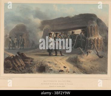 Paris, Gilhaut Frères, Paris, Frankreich, Raffet, Denis Auguste Marie, Dessins Faces d'après Nature au siège de la Citadelle d'Anvers par Raffet, Batterie blindé, au rentrant de droite du Bastion de Fernando, Ingegraven kanon, 1832, Mitte unten, Militaires an einer eingegrabenen Kanone; links einige Körbe. Ein Verwundeter wird links weggetragen. Teil der Serie von 24 Drucken über die Belagerung der Zitadelle von Antwerpen, 30. November bis 23. Dezember 1832., Druck, Roosdorp, Drucke, unten rechts in der Platte, BATTERIE BLINDEE, Au rentrant de droite du Bastion de Fernando., Citadelle d'Anvers, 1832., heig Stockfoto