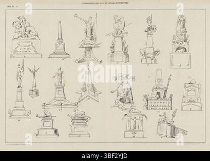 Den Haag, Nijhoff, Martinus, Arnhem, Thieme, Dirk Anthonie, Nederland, Spanier & Zn, Witwe Elias, Schmidt Crans, Johan Michaël, Ausstellung der Zitadellen-Denkmäler, Spotprent über die elenden Entwürfe für ein Denkmal für die getöteten Niederländer in der Zitadelle von Antwerpen, 1873, den Haag, Niederlande, Spotprent über die elenden Entwürfe für ein Denkmal für die Niederländer, die bei der Verteidigung der Zitadelle von Antwerpen getötet wurden (1832). Das Zitadellendenkmal wurde später auf dem Friedhof in Ginneken errichtet. Plate erschien im Wochenmagazin de Nederlandsche Spectator, Nr. 10, 1873., Druck, Frederik Muller Historyplaten, er Stockfoto