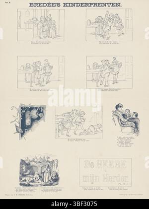 Schiedam, Roelants, Hendrik Adriaan Marius, Rotterdam, Bredée, J.M., Bredée's Kinderdrucke, mehrere Aufführungen, verso - gestempelt, Blatt mit 9 Darbietungen verschiedener Art, darunter fünf Szenen mit frechen Kindern, die heimlich Kuchen essen, wenn das Küchenkind geht, und dann bestraft werden. Unter jedem Bild zwei bis acht Zeilen frisch. Nummeriert oben links: Nr. 7., Druck, Folk Print, Drucke, Höhe 540 mm, Breite 410 mm, Publikation (Ereignis), Publikation, Niederländisch, 1854 - 1947, Verlag, 1894 - 1918, Papier, Galvanoplastik, Linecliché, Buchdruck, Bookprint, Drucker, Druckmaschine, Druckerei Stockfoto