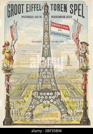 Amsterdam, Amand, Amsterdam, Vlieger, Jan, Groot eiffelturm Spiel, gewidmet der niederländischen Jugend, verso - gestempelt, Boardspel mit Kreisen von 1 bis 63, Spaziergang über den Eiffelturm. Gooseboard-ähnliches Werbespiel nach der Weltausstellung in Paris 1889 für Blooker's Cocoa. Links und rechts zwei Spalten mit einem Mädchen drauf. Das linke Mädchen trägt die französische Flagge, das rechte Mädchen die amerikanische Flagge. Im Hintergrund rechts die Freiheitsstatue. Regeln im Buchdruck in der Mitte des Bogens. Druck, Folk Print, Gameboard, Brett, Drucke, volkstümliche Drucke, Höhe 638 mm, Stockfoto
