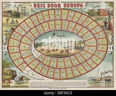 Amsterdam, Vlieger, Jan, Reise durch Europa, von Rail, Diligence, Dampfbahn und Dampfschiff, Amsterdam, gedrucktes Brettspiel mit Boxen von 1 bis 63, in einer Spirale. In den Boxen werden Gebäude aus verschiedenen europäischen Städten präsentiert, die in einigen Fällen unter der Bevölkerung liegen. "Die Zivilgesellschaft ein Blick auf Paris" (Place de la Concorde). In den vier Ecken des Spiels eine Dampfeisenbahn, ein Fleiß oder eine Kutsche, ein Dampfboot und eine Dampfbahn. In der Mitte der Regeln im Buchdruck, in der Mitte über dem Titel auf einer Bandrolle, Druck, Folk Print, Gameboard, Spielbrett, Drucke, Folk-Muster Stockfoto
