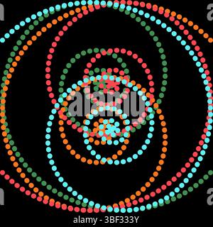 Abstraktes geometrisches Vektordesign mit konzentrischen Kreisen aus bunten Punkten, die in einem spiralförmigen Muster auf schwarzem Hintergrund angeordnet sind. Leuchtendes Cyan, Korallen Stock Vektor