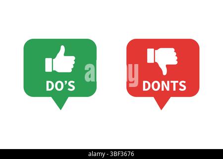 DOS- und Dont-Vektor-Illustration, grün und rot, Daumen nach oben und unten, Orientierungssymbol Stock Vektor