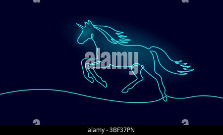 Das schwarze Pferd springt anmutig. Mähne Schwanz und Beine mit glatter, durchgehender Linie. Einfacher Linienart-Stil mit blauem Hintergrundvektor Stock Vektor
