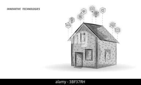 Illustration eines digitalen Hauses mit schwebenden Symbolen. Verfügt über vernetzte Netzwerkstruktur, Fenster und Tür. Smart-Home-Systeme für Immobilien. Niedriger Poly-Wert Stock Vektor