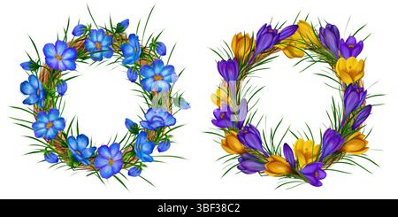 Set aus runden Kränzen, Rahmen mit blauem und violettem Leberkraut und mit gelben und violetten Krokussen Stockfoto