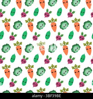 Süßes, nahtloses Muster für Gemüse. Gemüse mit süßen Gesichtern. Kawaii Gemüse. Stock Vektor