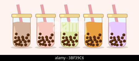 Verschiedene Geschmacksrichtungen des erfrischenden Bubble Tees, der Tapioka-Perlen und Strohhalme in Tassen zum Mitnehmen zeigt, Vektor-Illustration Stock Vektor