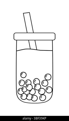 Bubble Tee zeigt boba Perlen und Stroh in runden Glasbecher, Doodle Stil flache Vektor Umrissillustration für Kinder Malbuch Stock Vektor