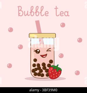 Erdbeerblasen-Tee im Kawaii-Stil, auch bekannt als boba, serviert in einem Glas mit rosa Strohhalm und gelbem Deckel mit Schriftzug Stock Vektor