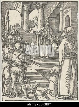 Nürnberg, Dürer, Albrecht, das kleine Leiden, Christus für Pilatus, rechts unten - gestempelt, wird Christus von bewaffneten Männern vor Pilatus geführt. Dieser Druck ist Teil der Serie 'de kleine Passie', bestehend aus einem Titeldruck und 36 biblischen Szenen (hauptsächlich aus der Lijdstory)., Druck, Höhe 129 mm, Breite 99 mm, Deutsch, 24. Mai 1471 - 05. 04. 1528, Druckerei, 1508 - 1509, 1. Quartal 16. Jahrhundert, Papier, Holzschnitt Stockfoto
