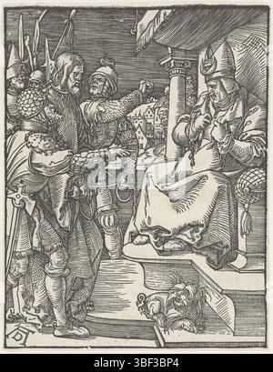 Nürnberg, Dürer, Albrecht, die kleine Passion, Christus für Kaiphas, verso unten rechts - gestempelt, wird Christus von bewaffneten Männern für Kaiphas geführt. Dieser Druck ist Teil der Serie 'de kleine Passie', bestehend aus einem Titeldruck und 36 biblischen Szenen (hauptsächlich aus der Lijdstory)., Druck, Höhe 128 mm, Breite 98 mm, Deutsch, 24. Mai 1471 - 05. 04. 1528, Druckerei, 1508 - 1509, 1. Quartal 16. Jahrhundert, Papier, Holzschnitt Stockfoto