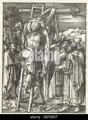 Nürnberg, Dürer, Albrecht, Little Passion, Cross Takeoff, links unten - gestempelt, der Leichnam Christi ist vom Kreuz genommen. Auf der Rückseite des lateinischen Textes gedruckt. Dieser Druck ist Teil der Serie 'de kleine Passie', bestehend aus einem Titeldruck und 36 biblischen Szenen (hauptsächlich aus der Lijdstory)., Druck, Höhe 128 mm, Breite 98 mm, Deutsch, 24. Mai 1471 - 05. April 1528, Druckerei, 1509 - 1510, 1. Quartal 16. Jahrhundert, Papier, Holzschnitt, Buchdruck, Buchdruck Stockfoto