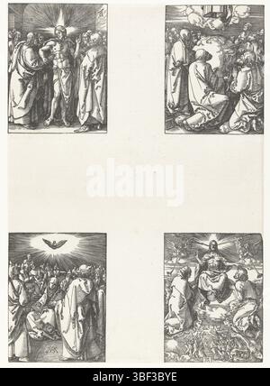 Nürnberg, Dürer, Albrecht, Die Kleine Passion, Der Ungläubige Tomas, Himmelfahrt, Pfingsten, letztes Gericht, die neunte Serie von vier Szenen aus der Serie „de kleine Passie“, hier ungeschnitten mit 4 Bildern auf einem Blatt. Oben links: Der Schüler Tomas fühlt sich an der seitlichen Wunde Christi, umgeben von den anderen Jüngern. Oben rechts: Christus steigt in den Himmel auf in Gegenwart seiner Jünger und seiner Mutter. Links unten: Der Heilige Geist steigt auf die Apostel und Maria in Form einer Taube. Unten rechts: Christus wie rechts im Himmel während des Jüngsten Gerichts, mit Maria zu seiner Rechten und Johannes dem Täufer zu seiner Linken. Stockfoto