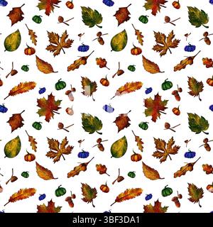 Schöne Herbstblätter und Kürbisse auf weißem Hintergrund, nahtloses Muster Stockfoto